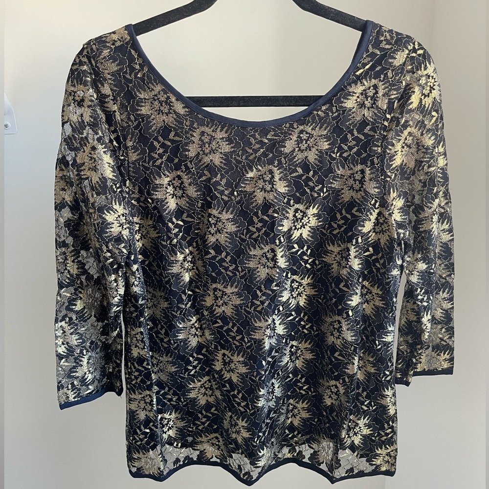 Sam & Lavi Navy and Gold lace low back blouse